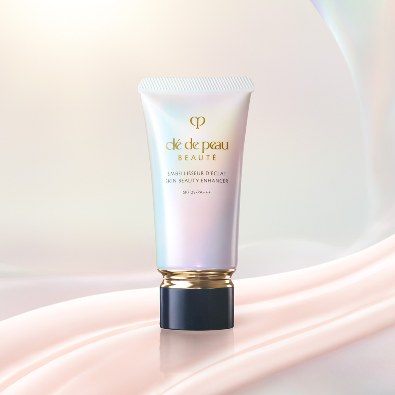 Photo of Brightening Serum Supreme bottle standing upright against a luminous background with golden rods and glowing spheres.