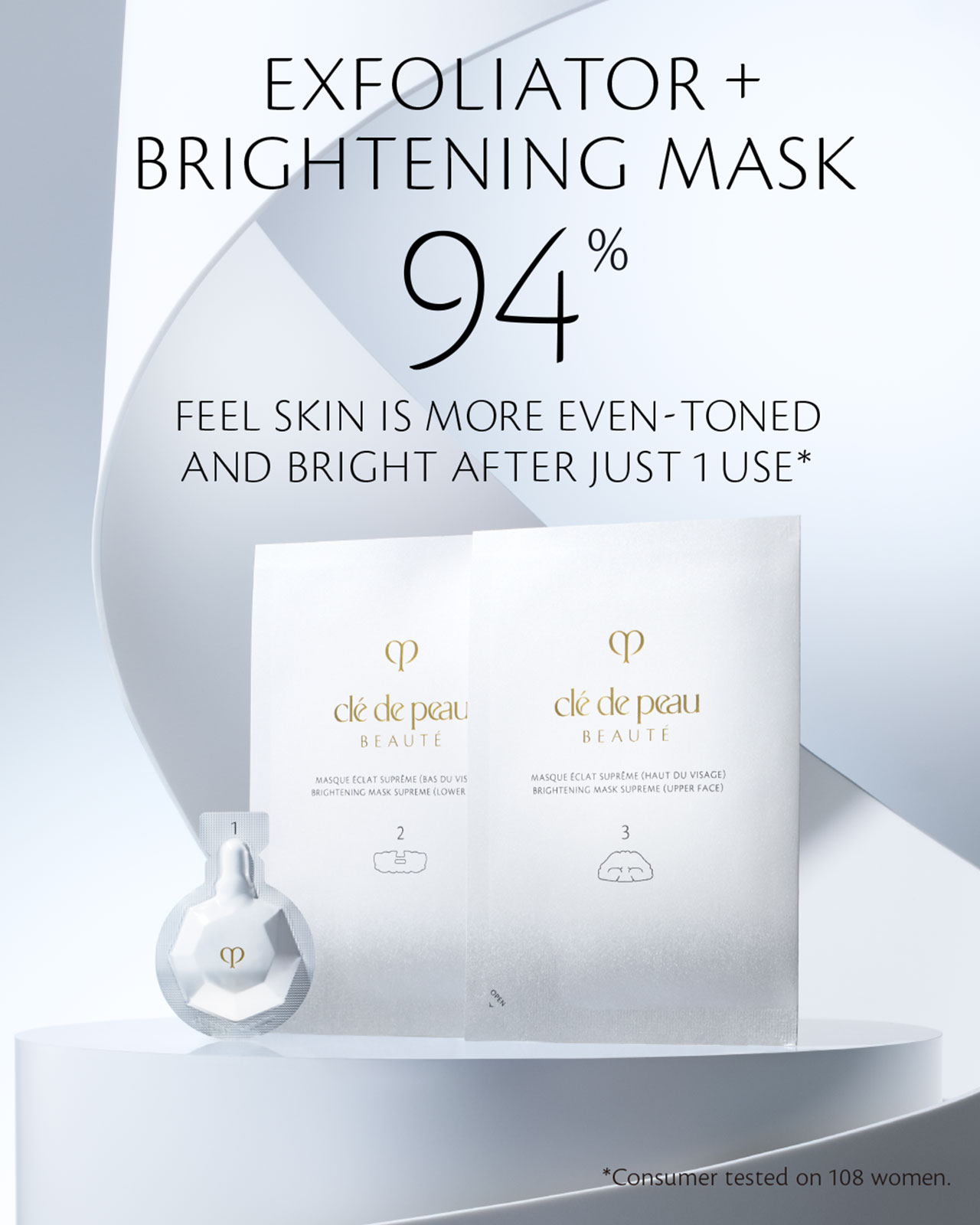 Infographic of consumer results of 108 women, claiming that 94% feel skin is more even-toned and bright after just 1 use.