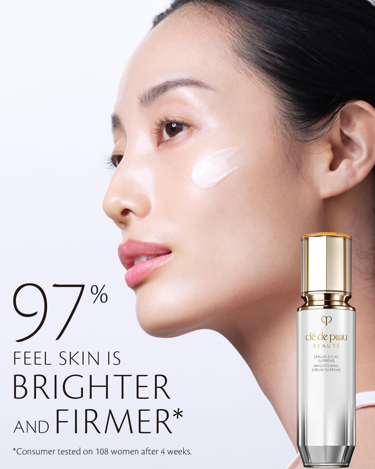 Infographic of consumer results of 108 women after 4 weeks, claiming that 97% feel skin is brighter and firmer.