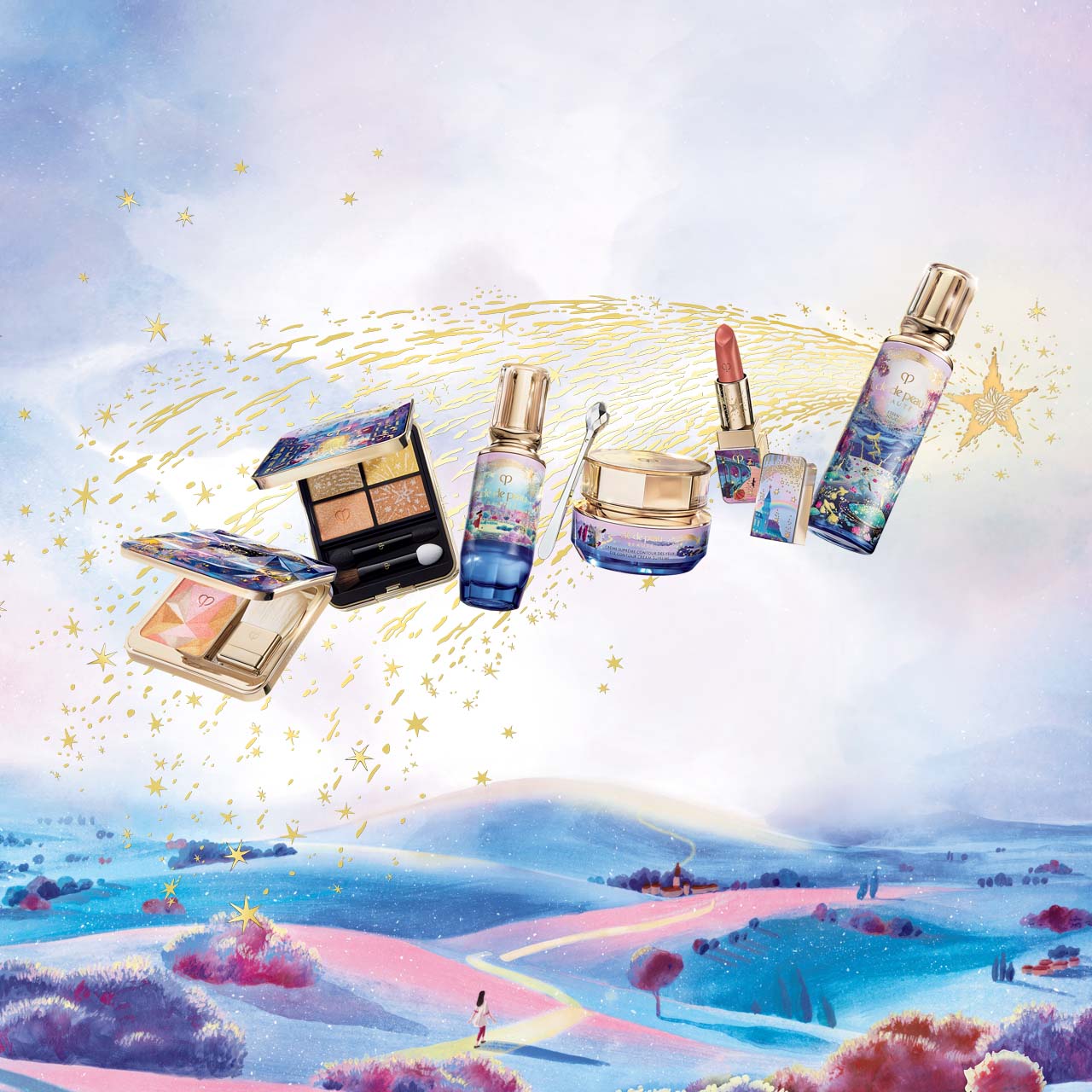 Photo of Brightening Serum Supreme bottle standing upright against a luminous background with golden rods and glowing spheres.
