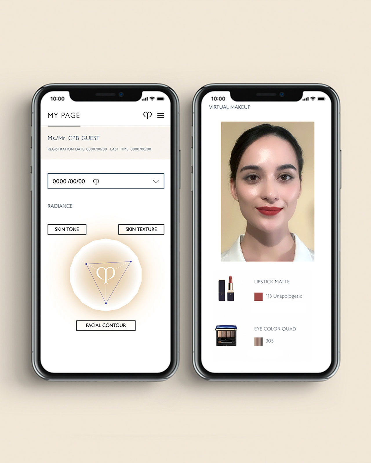 Photo of two smartphone screens displaying a user&rsquo;s personal page and virtual makeup results, including skin analysis metrics and recommended makeup items.