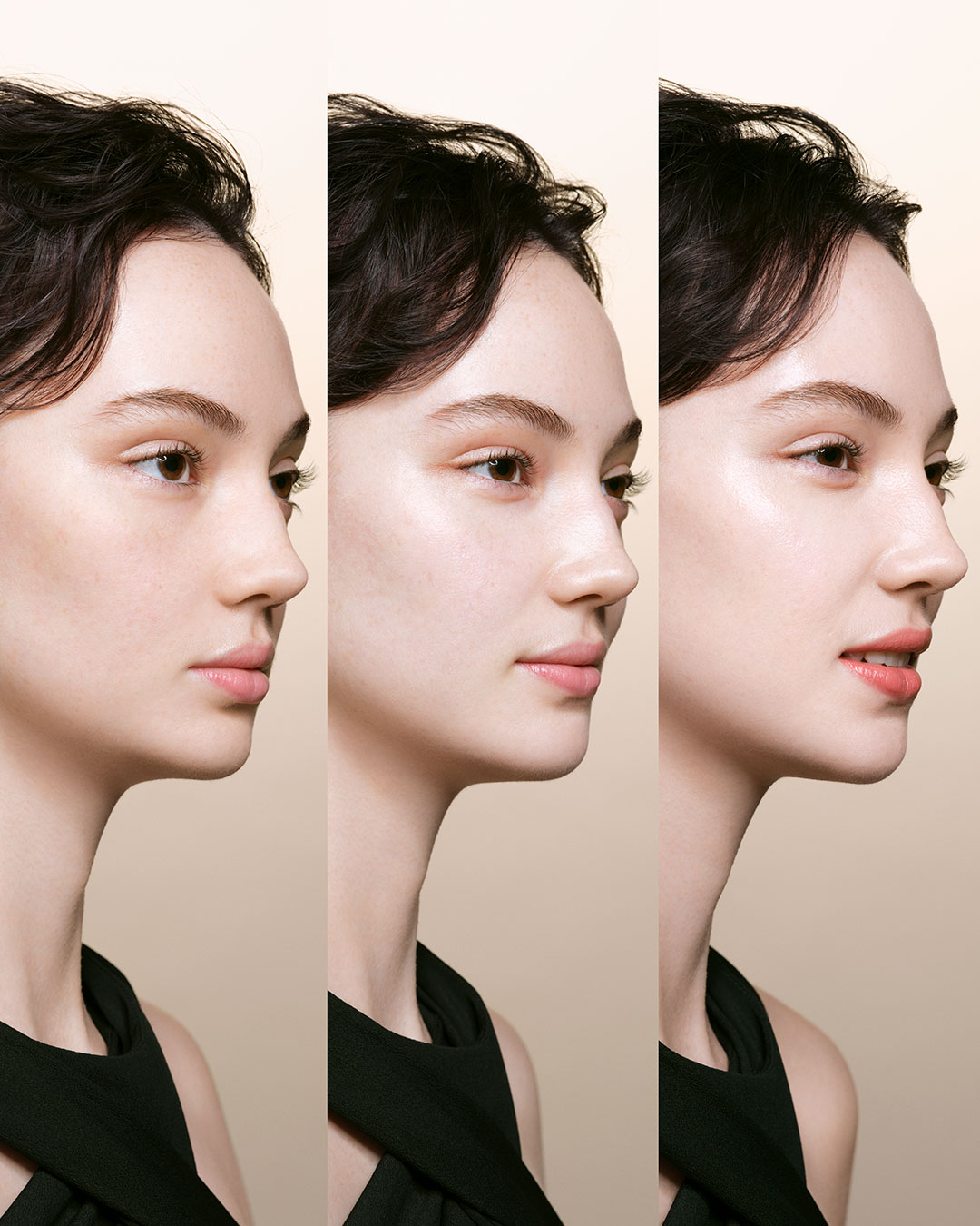 Photo of a side-by-side comparison of a woman's face in three stages, demonstrating the effect of primer and foundation. From left to right: bare skin; skin with only CORRECTING CREAM VEIL (primer) applied; and skin with both the primer and RADIANT FLUID FOUNDATION NATURAL, showing a progressive smoothing and perfecting of the complexion.