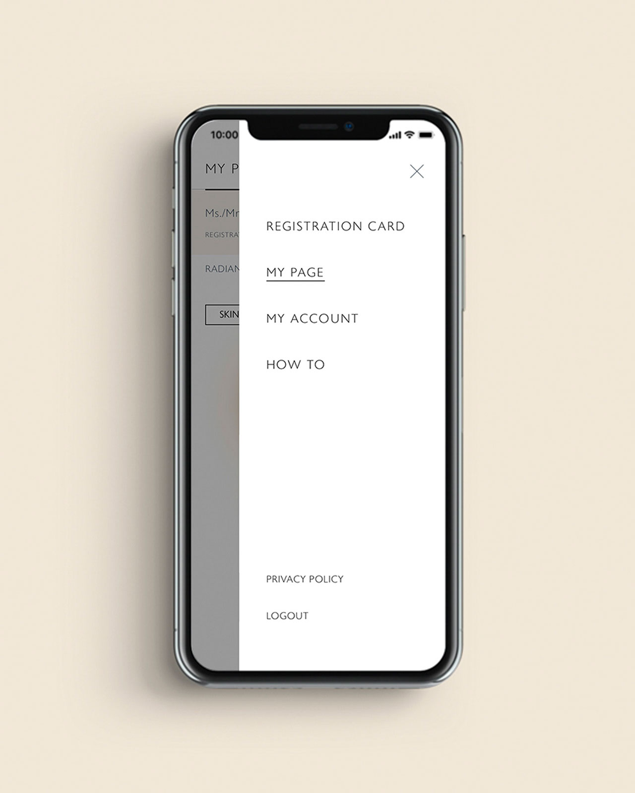 Photo of a smartphone screen displaying a navigation menu with options such as Registration Card, My Page, My Account, How To, Privacy Policy, and Logout.