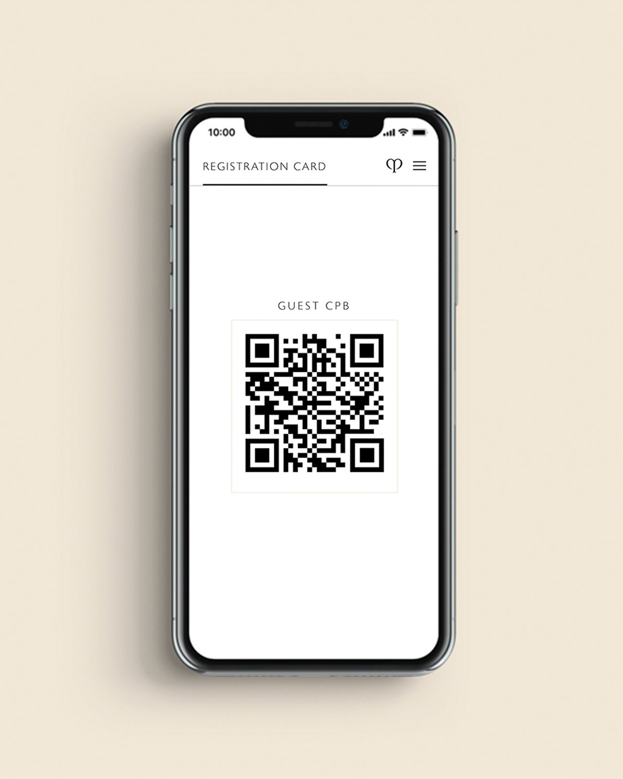 Photo of a smartphone screen showing a registration card with a QR code.