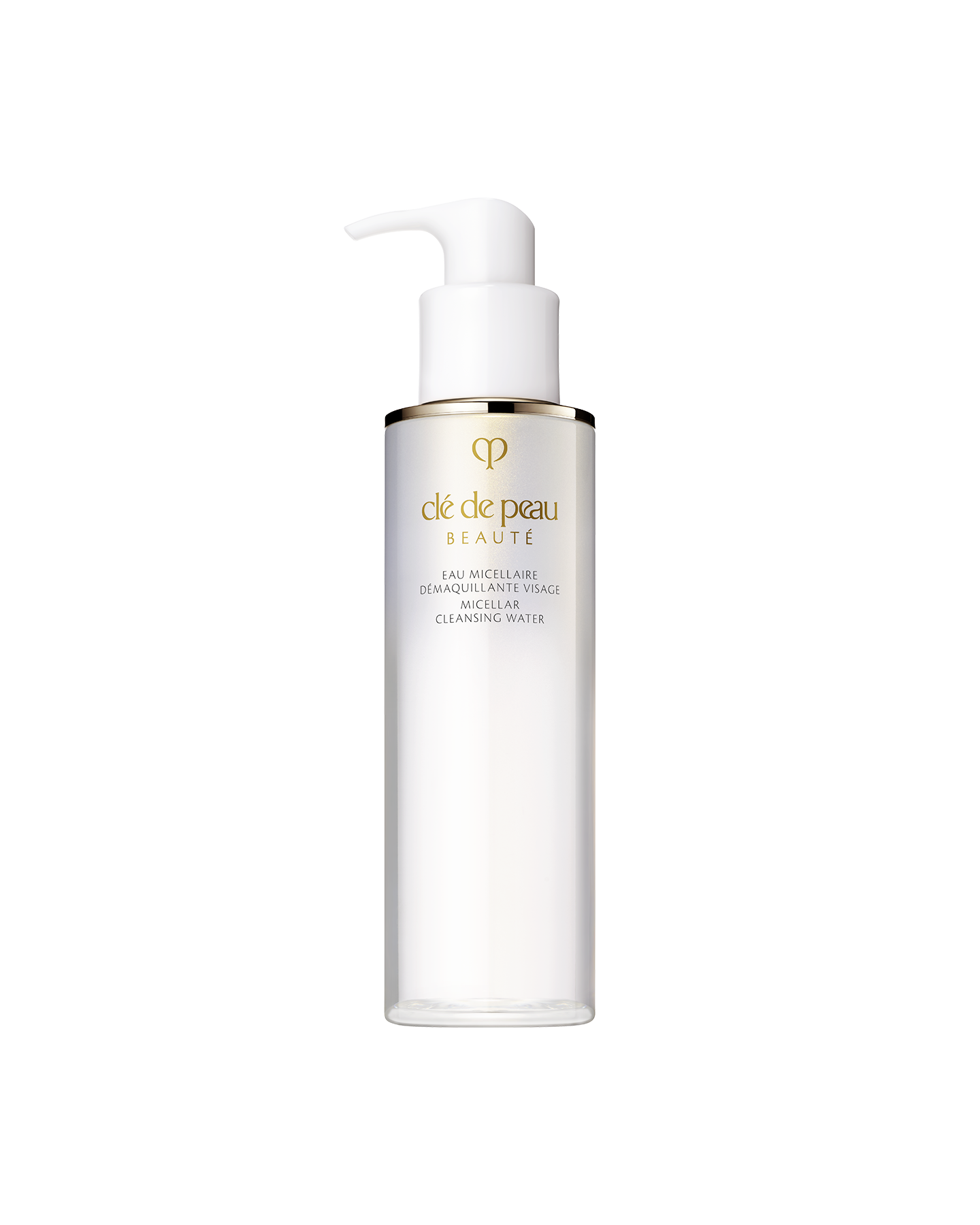 Photo of a translucent white pump bottle of "MICELLAR CLEANSING WATER" with elegant gold accents. SIZE: 200ML
