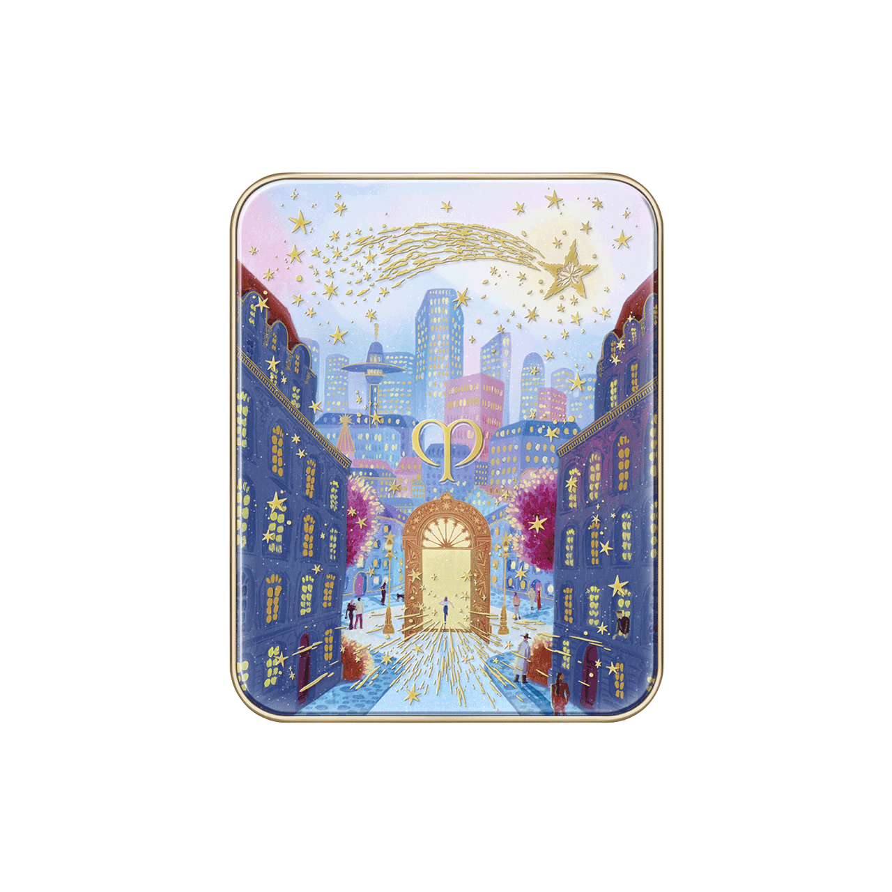 Photo of the 26 AW Holiday Collection limited-edition EYE COLOR QUAD case. The closed rectangular compact lid features a detailed scenic illustration of a city street leading to a large gold gate under a starry sky with a large gold shooting star across the top.