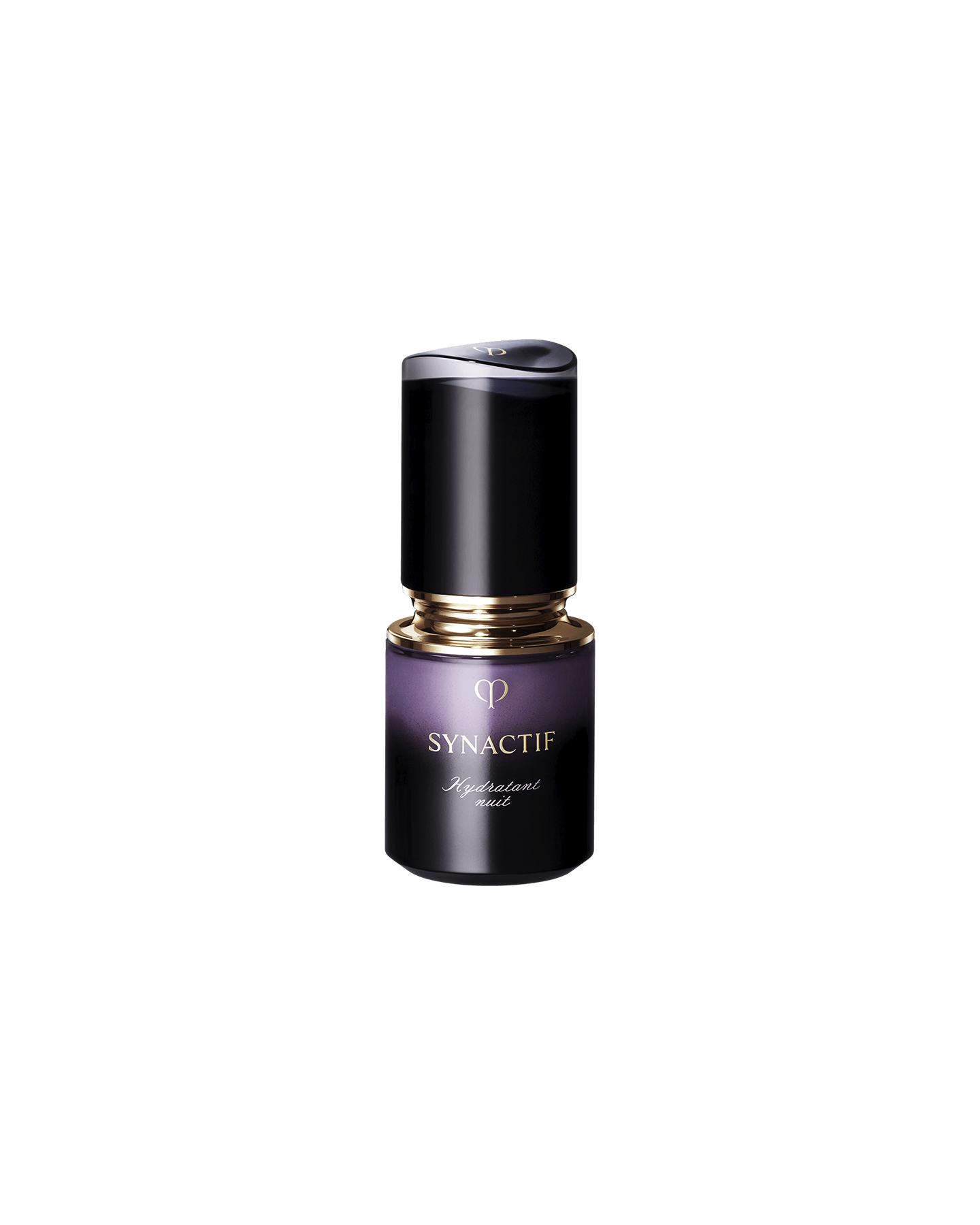 Photo of the SYNACTIF NIGHTTIME MOISTURIZER. It is presented in a compact cylindrical bottle with a black-to-purple gradient. There is a gold accent between the cap and the body, and the 'SYNACTIF' logo is elegantly displayed on the front. SIZE : 40ml