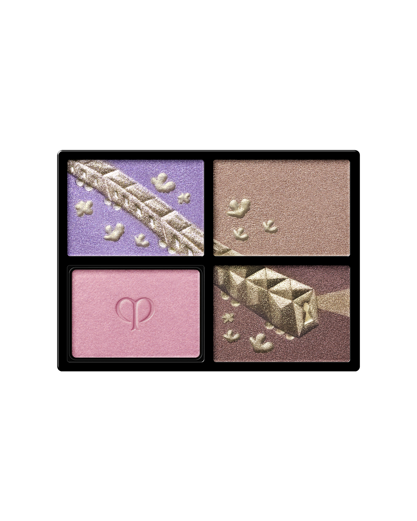Photo of the limited-edition EYE COLOR QUAD refill. The upper left and lower right shades are embossed with a gold train and motif, while the lower left shade features the brand logo. Shade: Pastel Tea Safari.