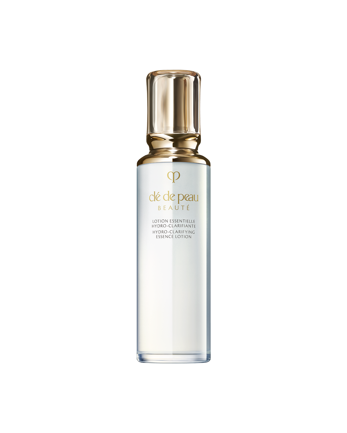 Photo of HYDRO-CLARIFYING ESSENCE LOTION in a clear glass bottle with a rounded, translucent gold cap.SIZE: 170mL.