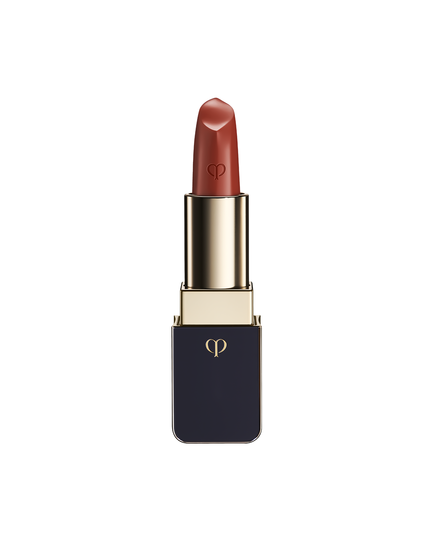 Photo of "LIPSTICK MATTE" with the stick twisted up. The tip is engraved with the brand logo, and the body features a combination of blue-black and gold sides. SHADE: Bold as Brick.