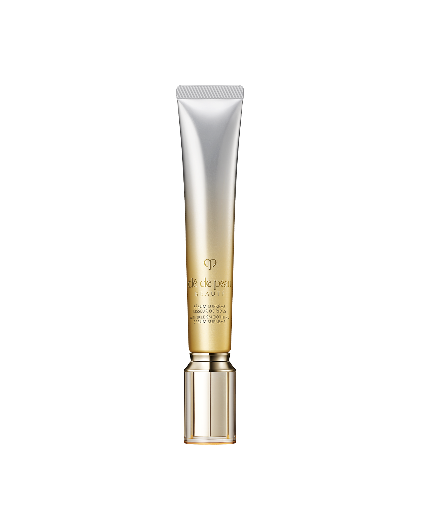 Photo of a "WRINKLE SMOOTHING SERUM SUPREME" in a tube-shaped package with a clear cap and a gradient from silver at the top to gold at the bottom.