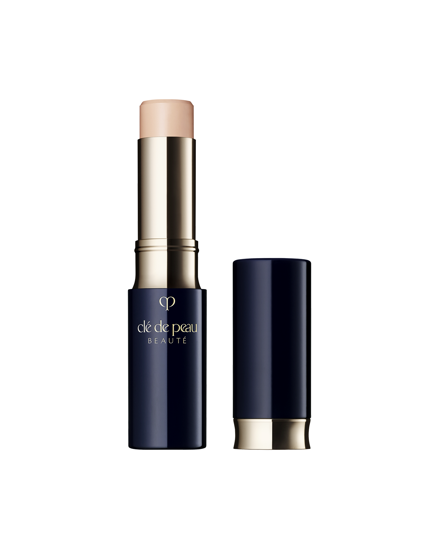 Photo of "CONCEALER," a stick-type product in a glossy blue-black and gold case. The brand logo is engraved in the center of the packaging. SHADE: Beige.