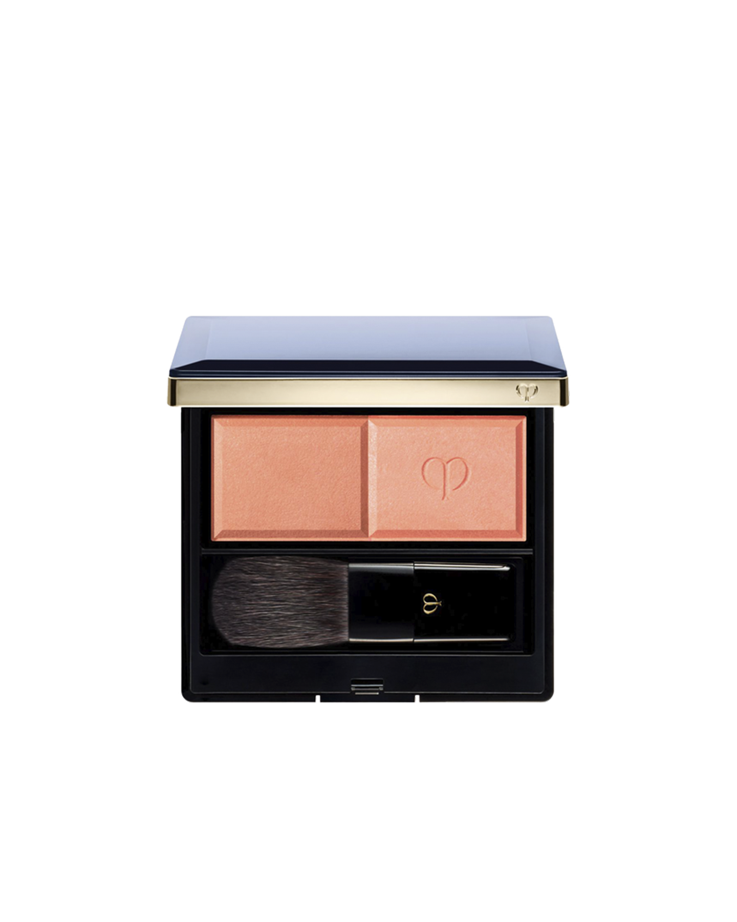 Photo of the "POWDER BLUSH DUO (REFILL)" set in a square compact with a navy lid and gold trim, containing two blush shades and a brush. The left side holds the matte powder, and the right side holds the pearly powder embossed with the logo.  Shade: 103.