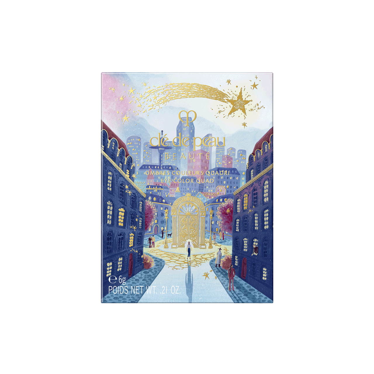 Photo of the 26 AW Holiday Collection limited-edition EYE COLOR QUAD outer box. The rectangular package features a scenic illustration of a city street leading to a large gold gate, detailed with figures under a starry sky with a large gold shooting star across the top.