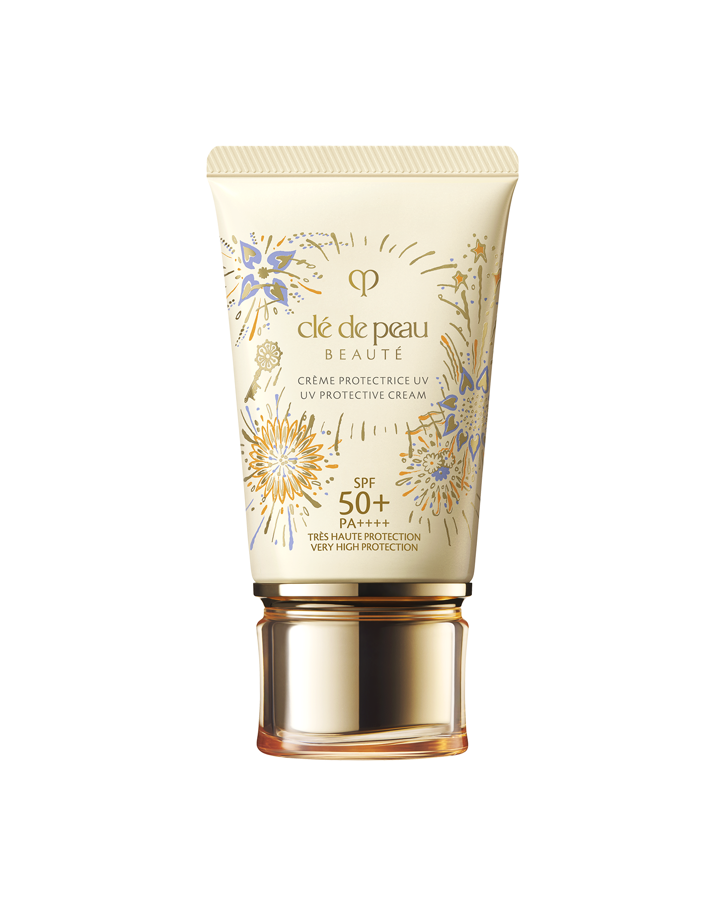 Photo of the 26 SS Gift Collection limited-edition UV PROTECTIVE CREAM. The cream-colored tube features the RADIANCE FIREWORKS design with flowers blooming like fireworks and a key motif.