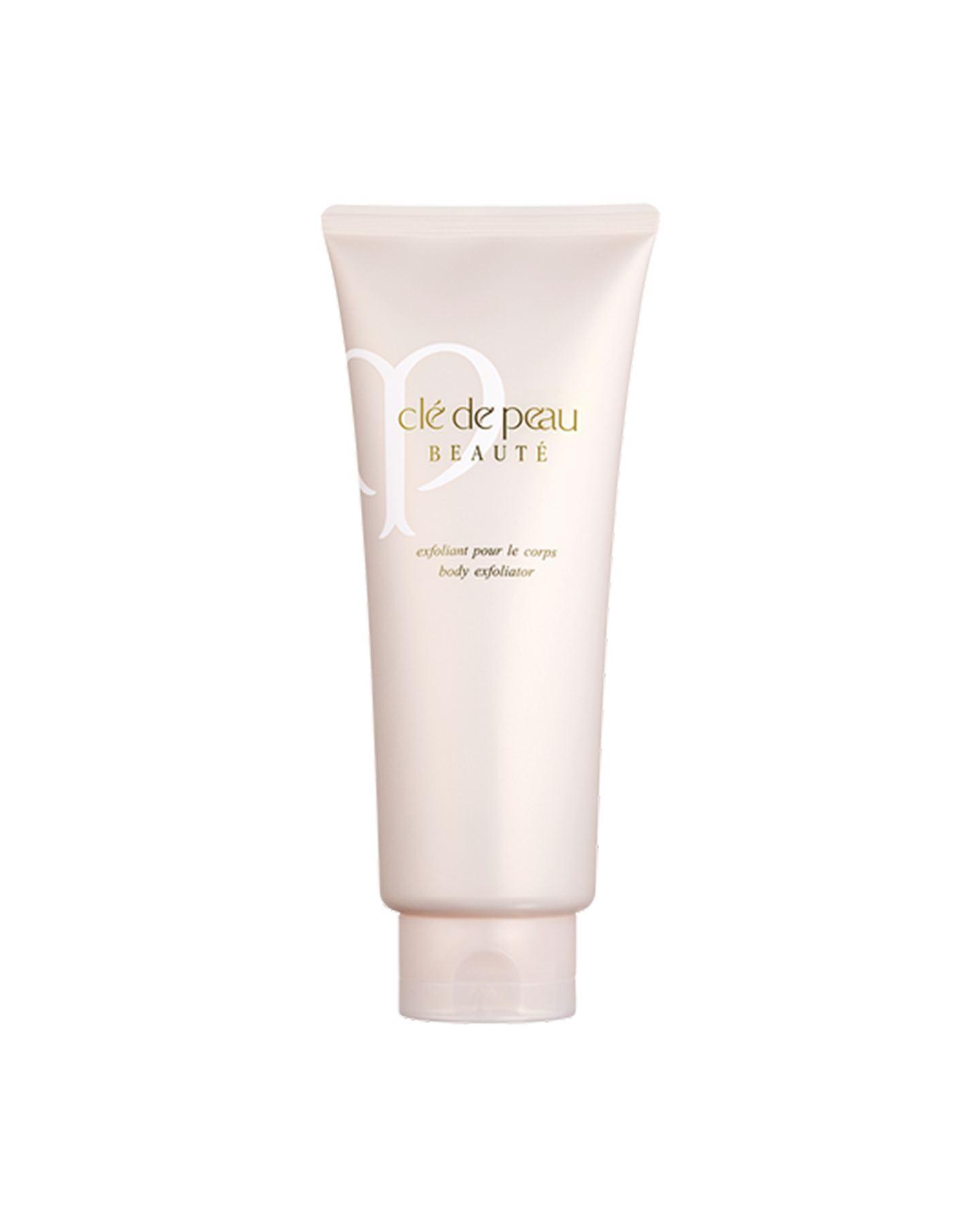 Photo of "BODY EXFOLIATOR" in a soft beige-pink tube with a subtle sheen. The gold brand logo and product name are printed on the front.