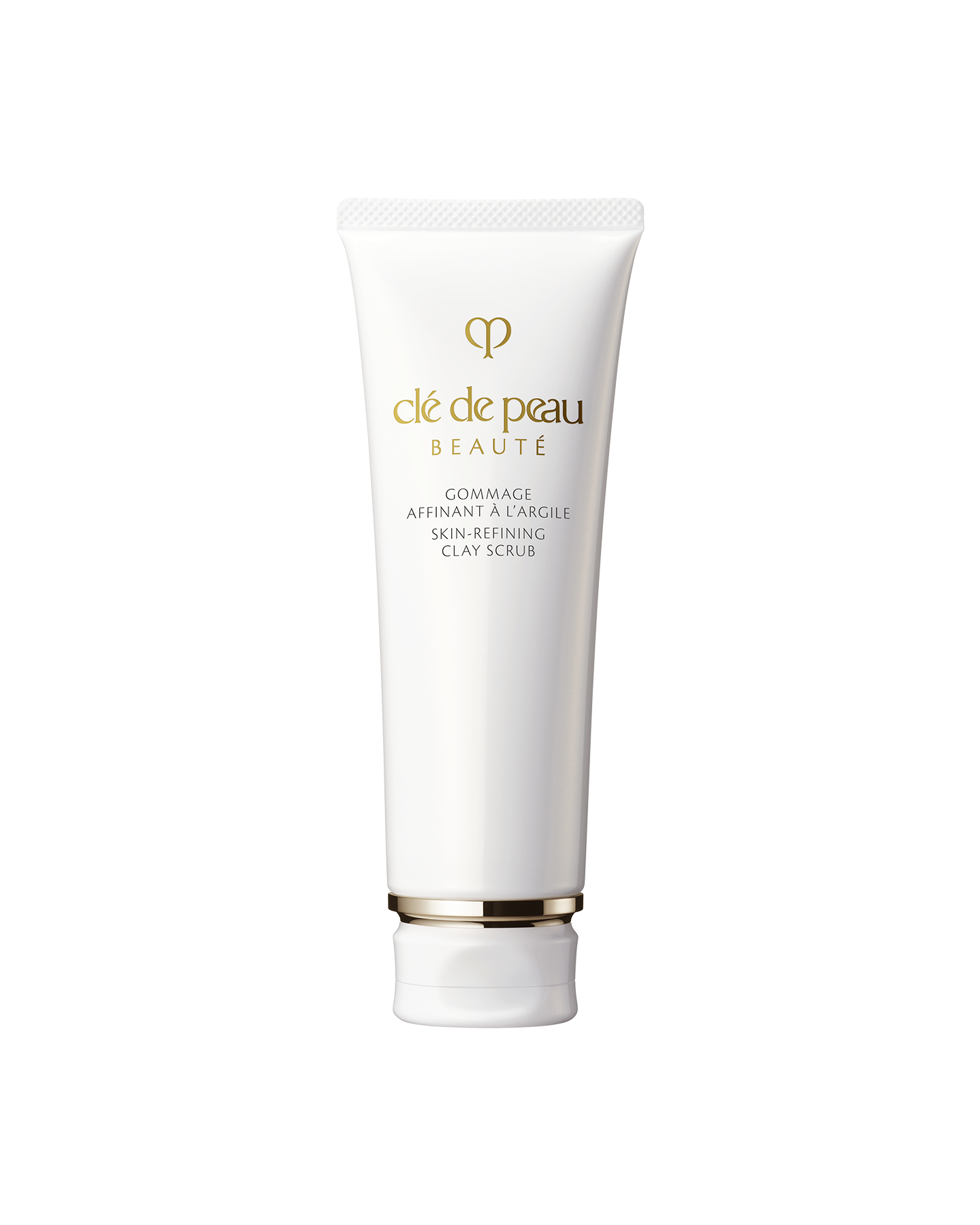 Photo of a white tube container of &ldquo;SKIN-REFINING CLAY SCRUB&rdquo;, with brand logo and product name printed in gold on the front.