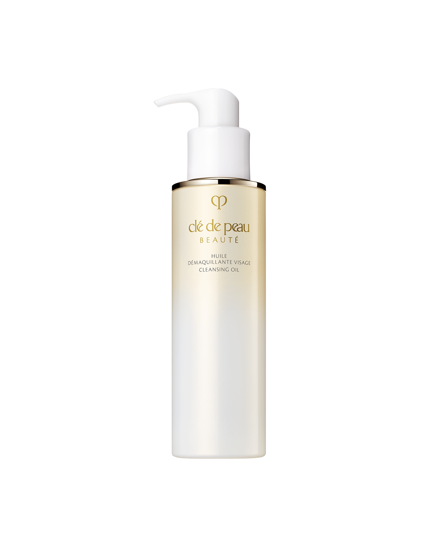 Photo of &ldquo;CLEANSING OIL&rdquo; in a bottle with a gradient from gold to white. Features a white pump and the gold brand logo on the front. Size: 200mL.