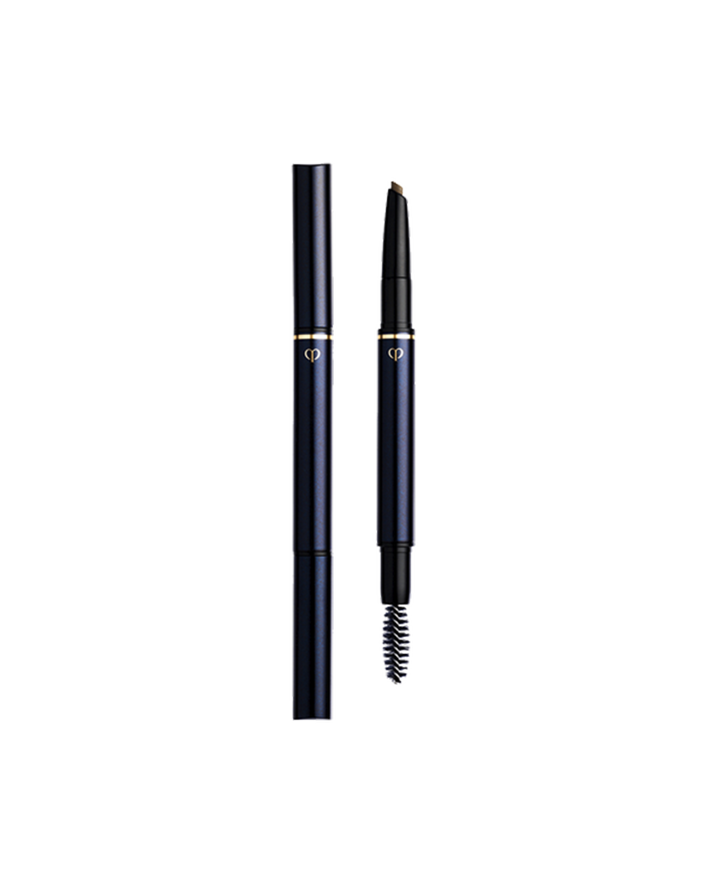 Photo of an "EYEBROW PENCIL" with the cartridge installed. The blue-black body is engraved with the gold brand logo, and features a pencil on one end and a spoolie brush on the other. Shade: 202-Gray Brown.