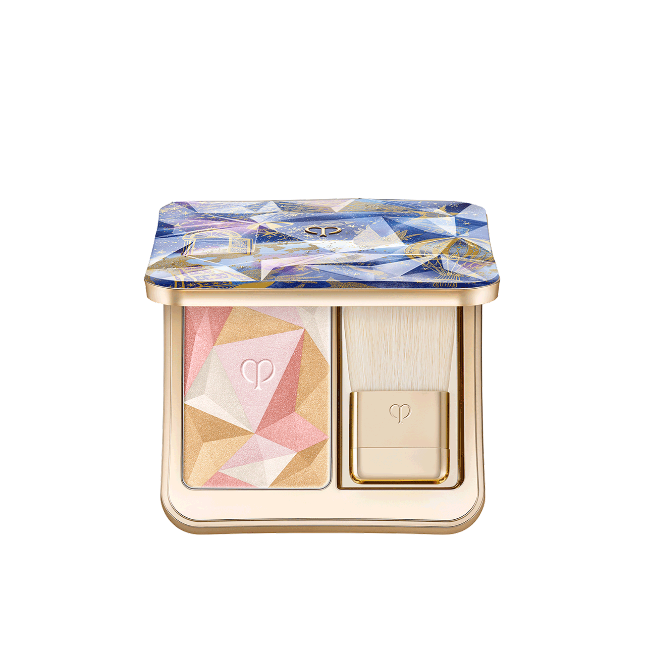 Photo of the 26 AW Holiday Collection limited-edition THE LUMINIZING FACE ENHANCER. The opened gold compact reveals a multi-colored geometric powder and a brush, under a blue and purple prismatic lid with gold illustrations.