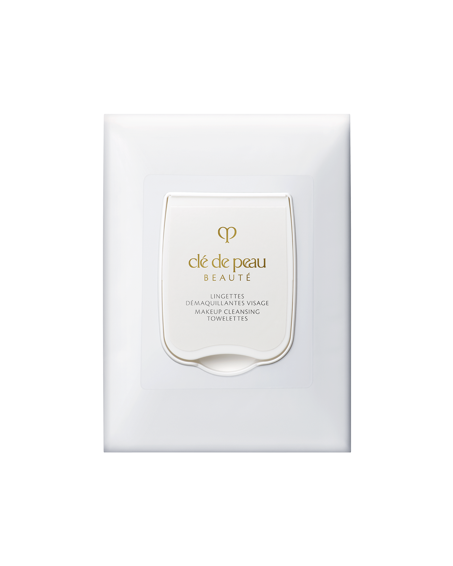 Photo of a white rectangular package of "MAKEUP CLEANSING TOWELETTES" with a curved lid at the center featuring the brand logo and product name in gold.