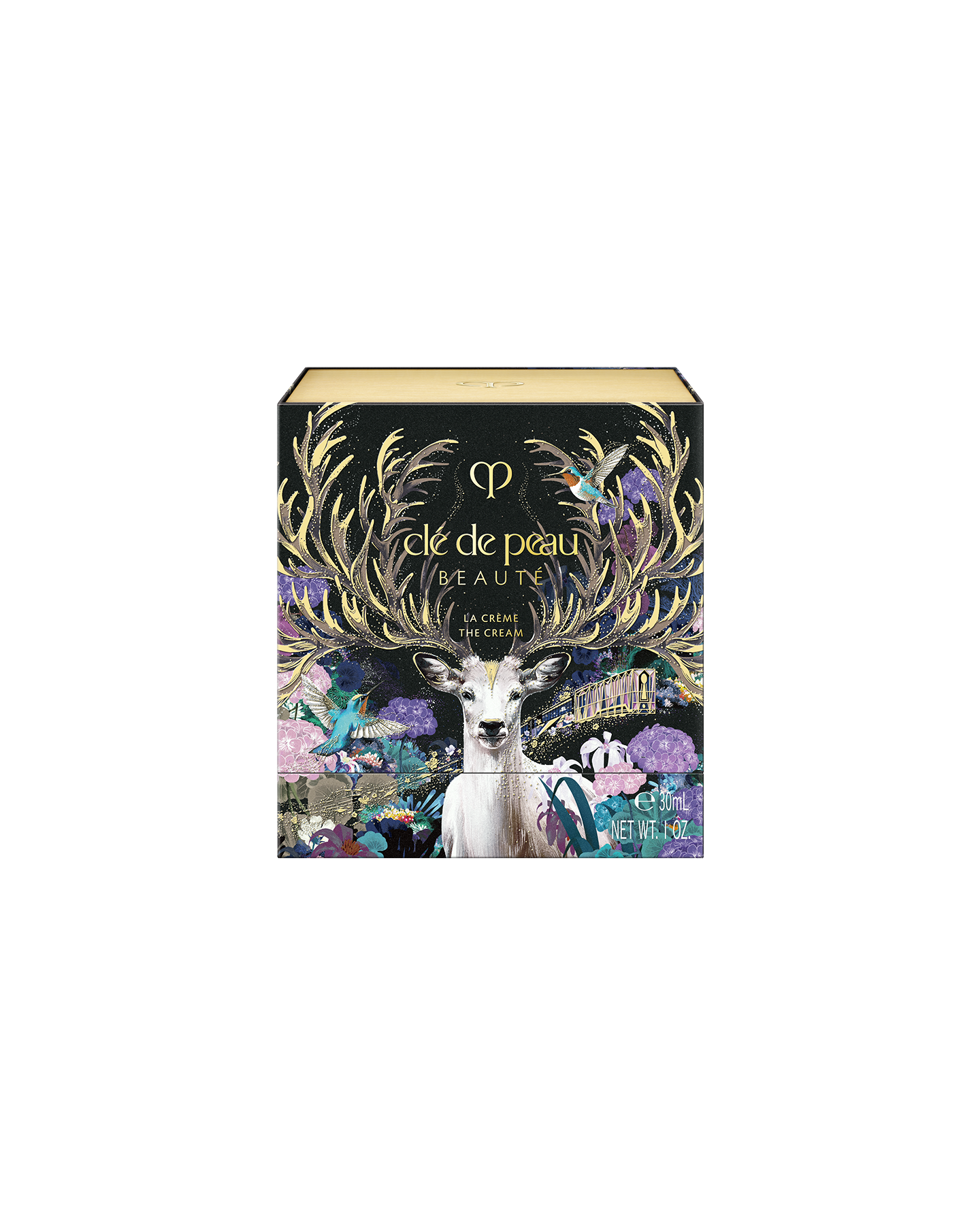 Photo of the special outer box for the limited-edition LA CR&Egrave;ME, featuring a colorful design with a deer, flowers, and botanical elements.