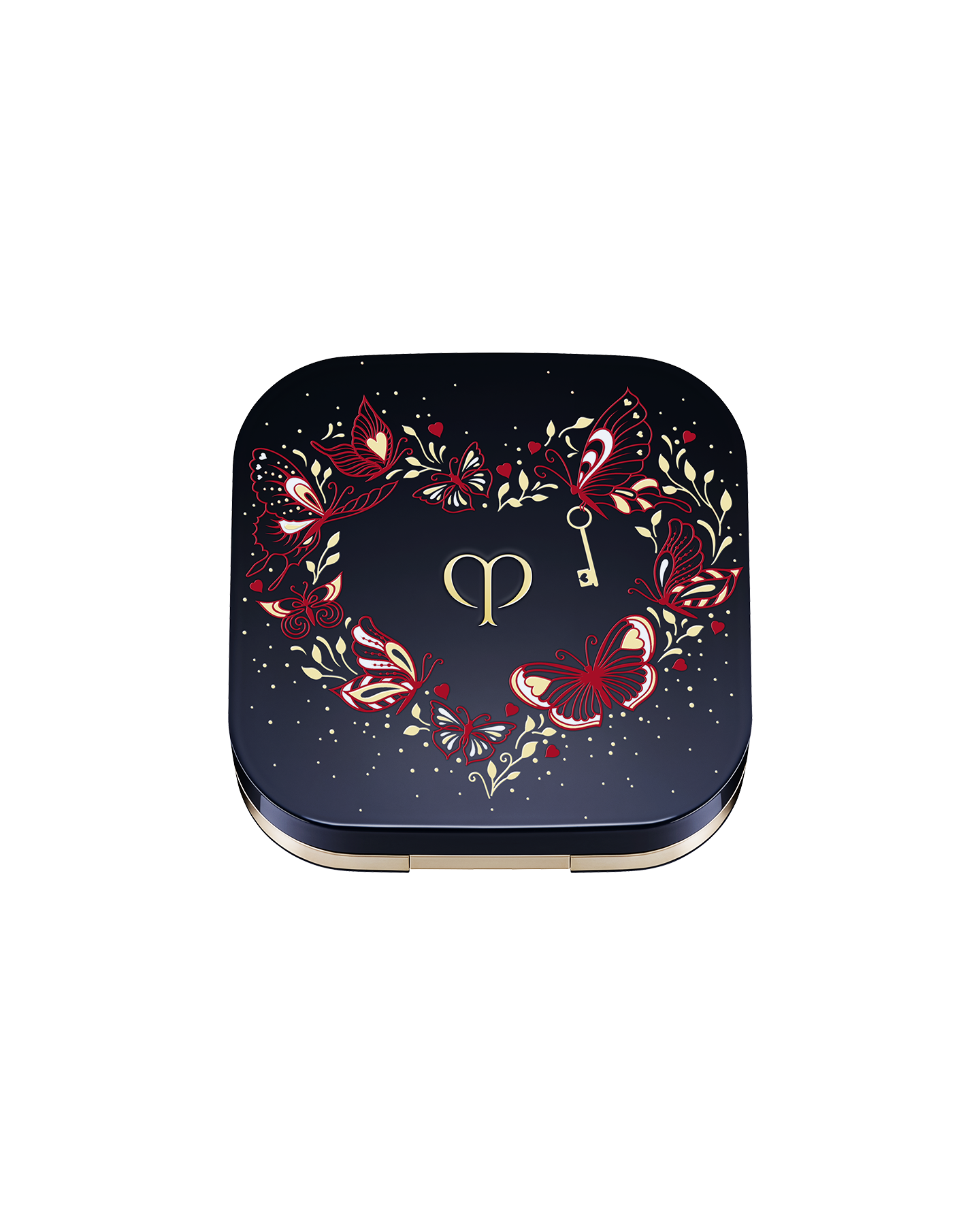 Photo of the 26 SS Collection limited-edition RADIANT CUSHION FOUNDATION DEWY CASE. The navy-blue case features the Unlock Your Heart design; a wreath of red and white butterflies, hearts, and leaves with a golden key motif.