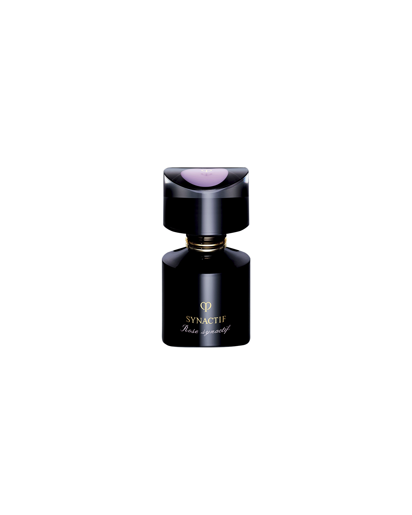 Photo of the Cl&eacute; de Peau Beaut&eacute; SYNACTIF EAU DE PARFUM, ROSE SYNACTIF. The fragrance is housed in a lustrous, jet-black bottle featuring the 'SYNACTIF' logo. The top of the cap is adorned with the brand logo, revealing a lavender color. SIZE : 75g