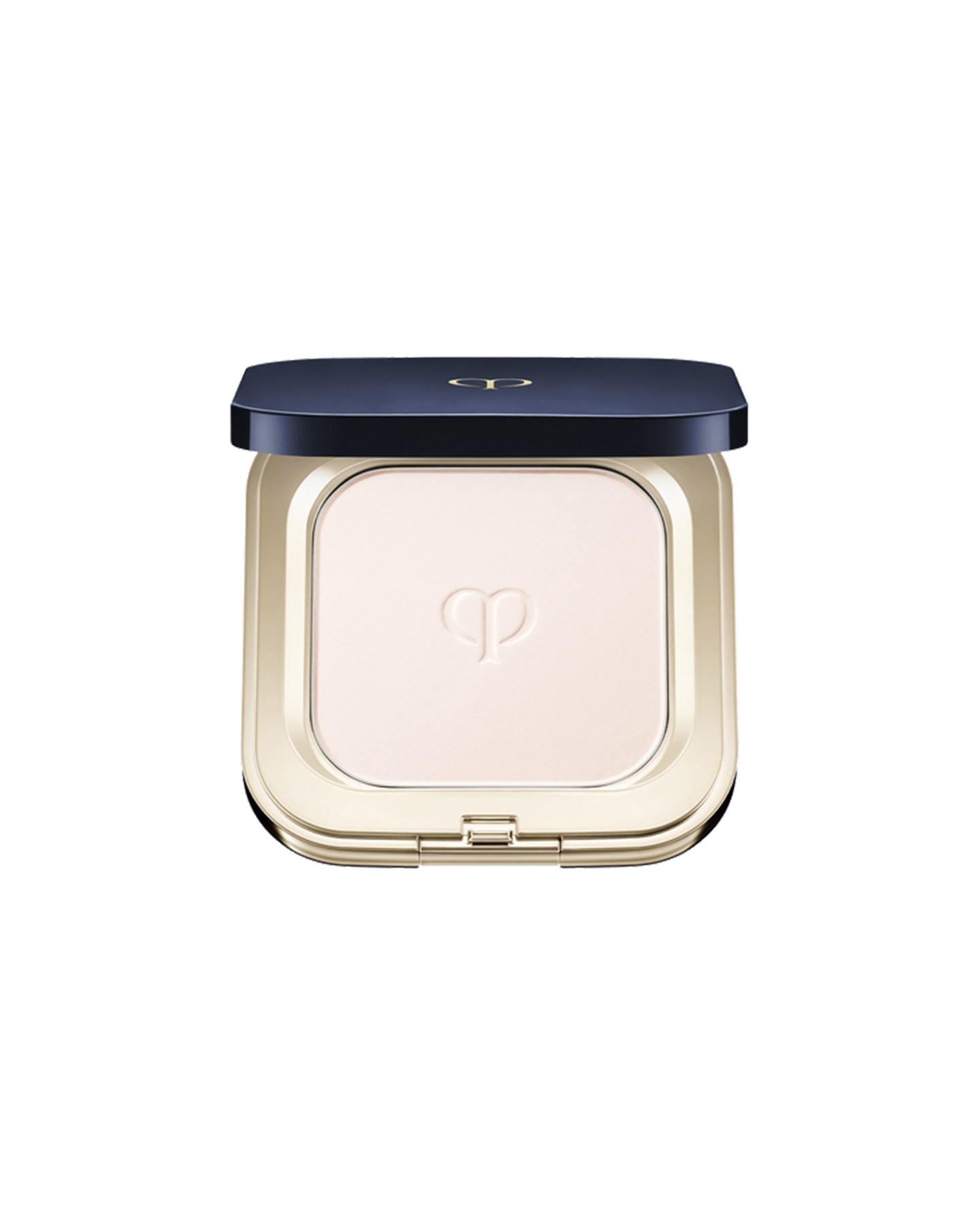 Photo of "REFINING PRESSED POWDER", set in a square compact featuring a blue-black lid with gold trim. The powder features the brand logo embossed at the center.