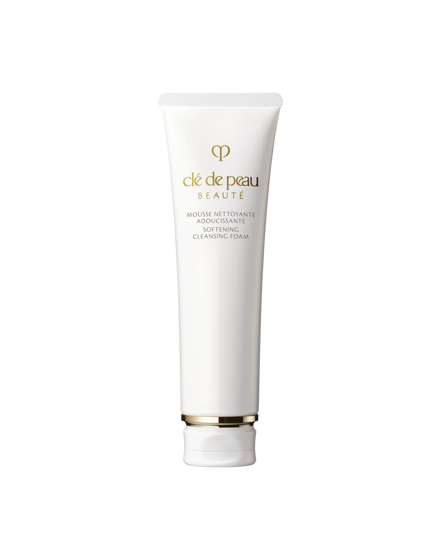 Photo of a white tube of &ldquo;SOFTENING CLEANSING FOAM.&rdquo; Gold brand logo and product name are printed on the front. The cap features gold detailing. Size: 140g.