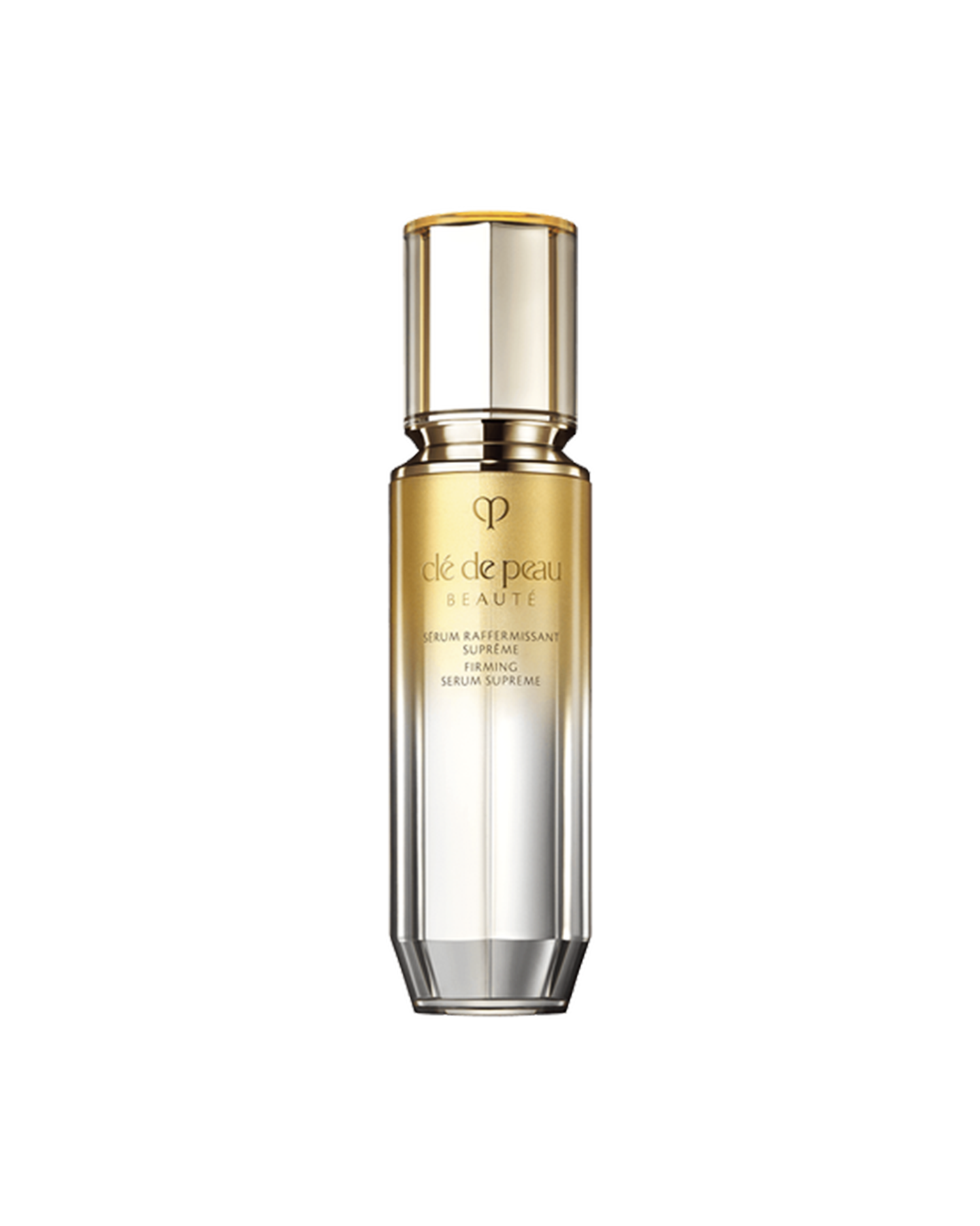 Photo of a "FIRMING SERUM SUPREME bottle with a gradient design transitioning from gold at the top to silver at the bottom. SIZE : 40ml
