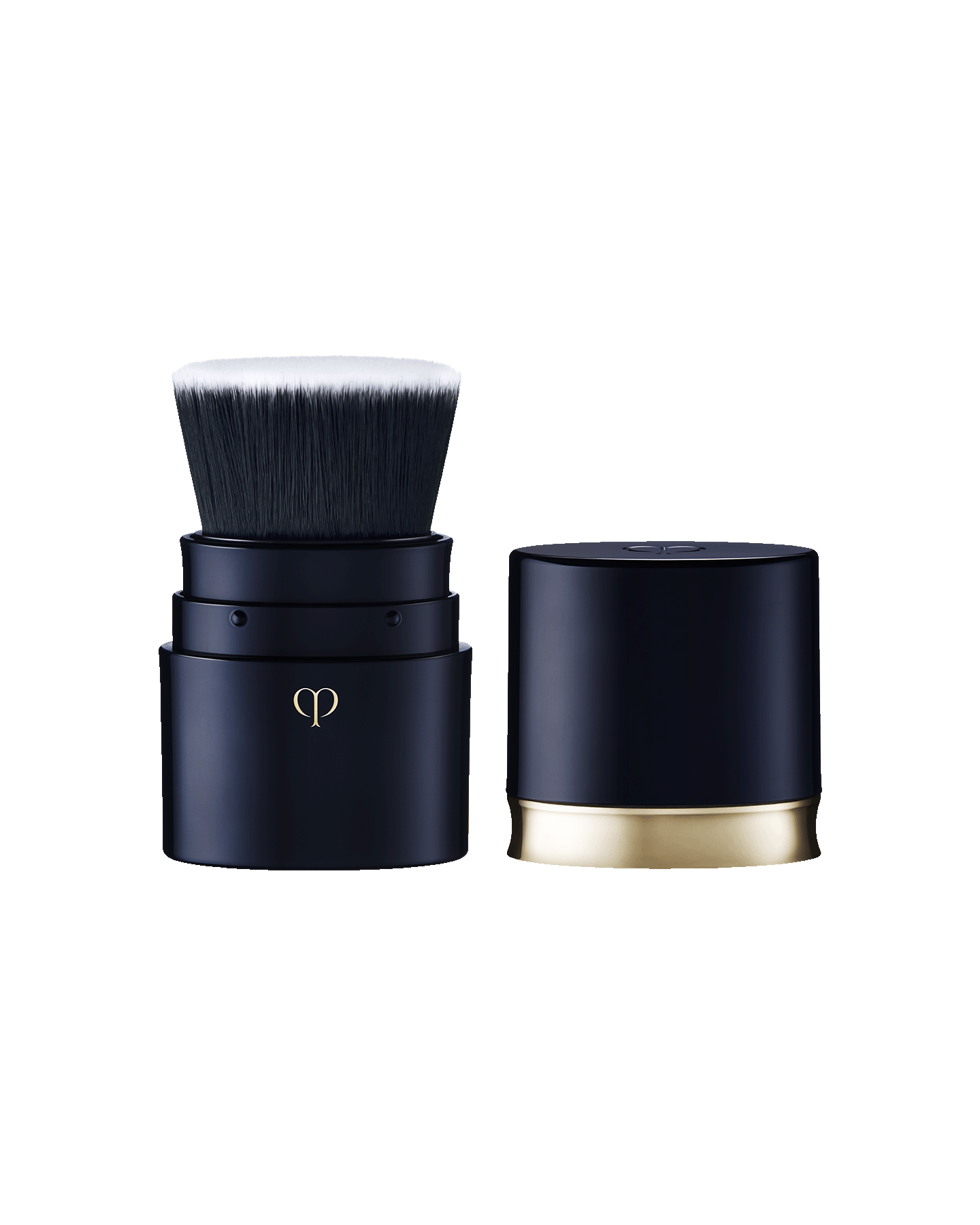 Photo of &ldquo;PORTABLE BRUSH" with a blue-black body and gold brand logo engraved on it. The cap is removed.