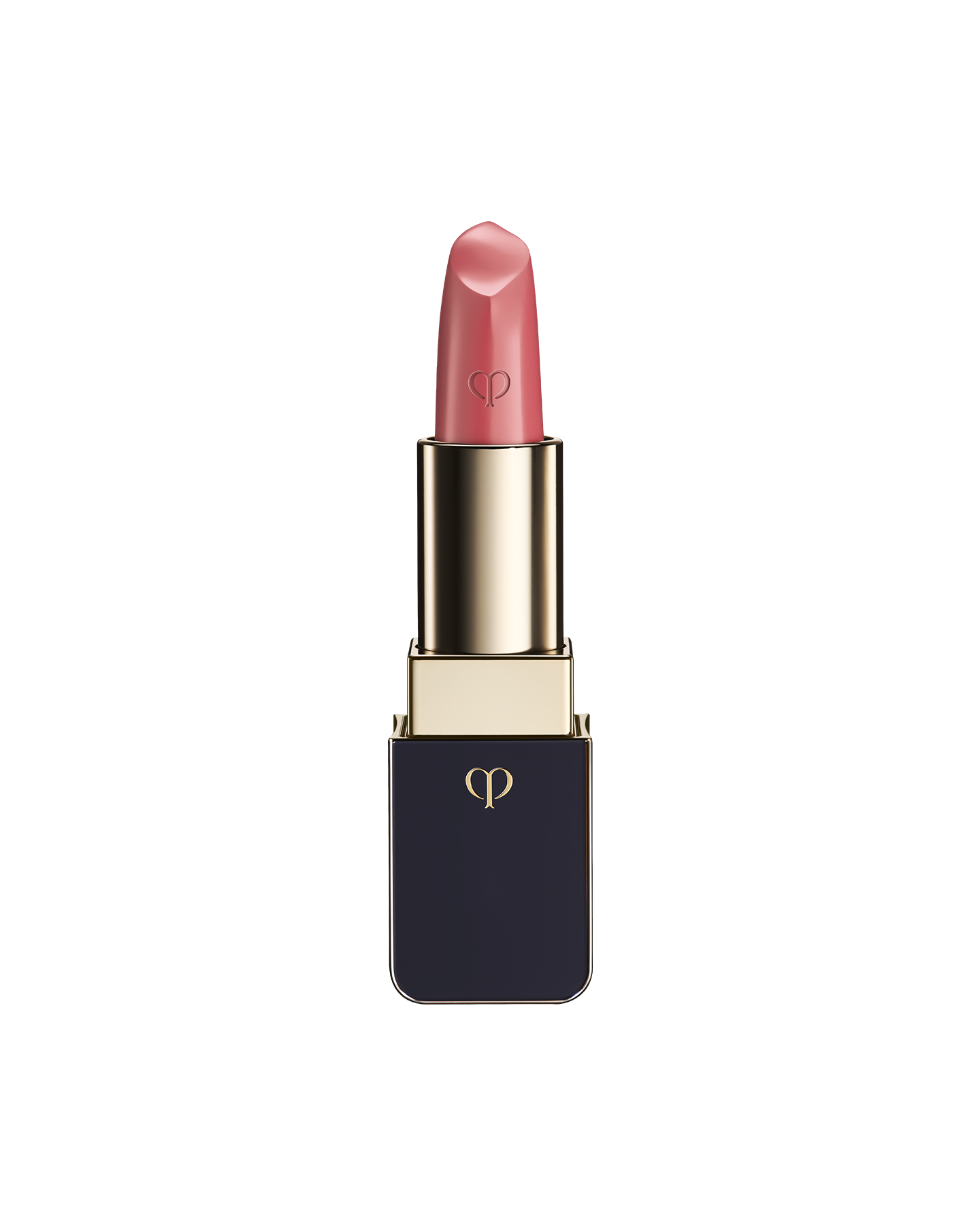 Photo of "LIPSTICK MATTE" with the stick twisted up. The tip is engraved with the brand logo, and the body features a combination of blue-black and gold sides. SHADE: Splendorous.