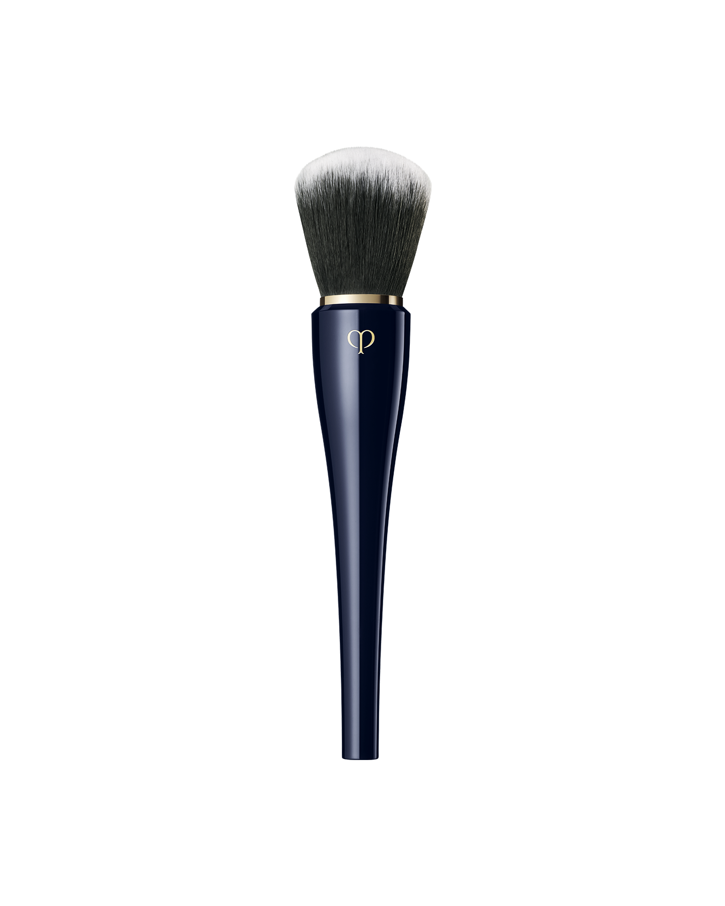Photo of "POWDER BRUSH" with a  blue-black handle and a large, rounded bundle of bristles that spread softly. The bristles transition in color from black at the base to white at the tips.