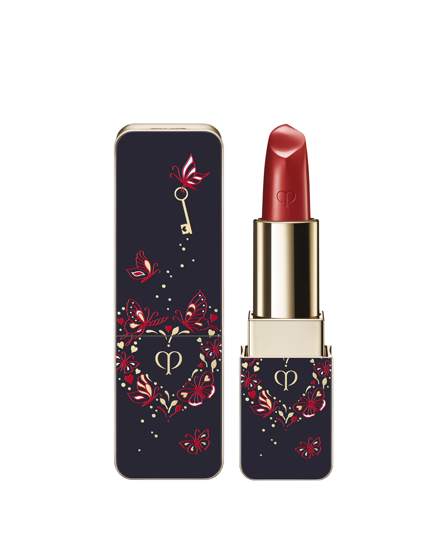 Photo of the 26 SS Collection limited-edition LIPSTICK. The navy-blue case with the Unlock Your Heart butterfly and key design is shown beside the opened lipstick. Shade: Camellia