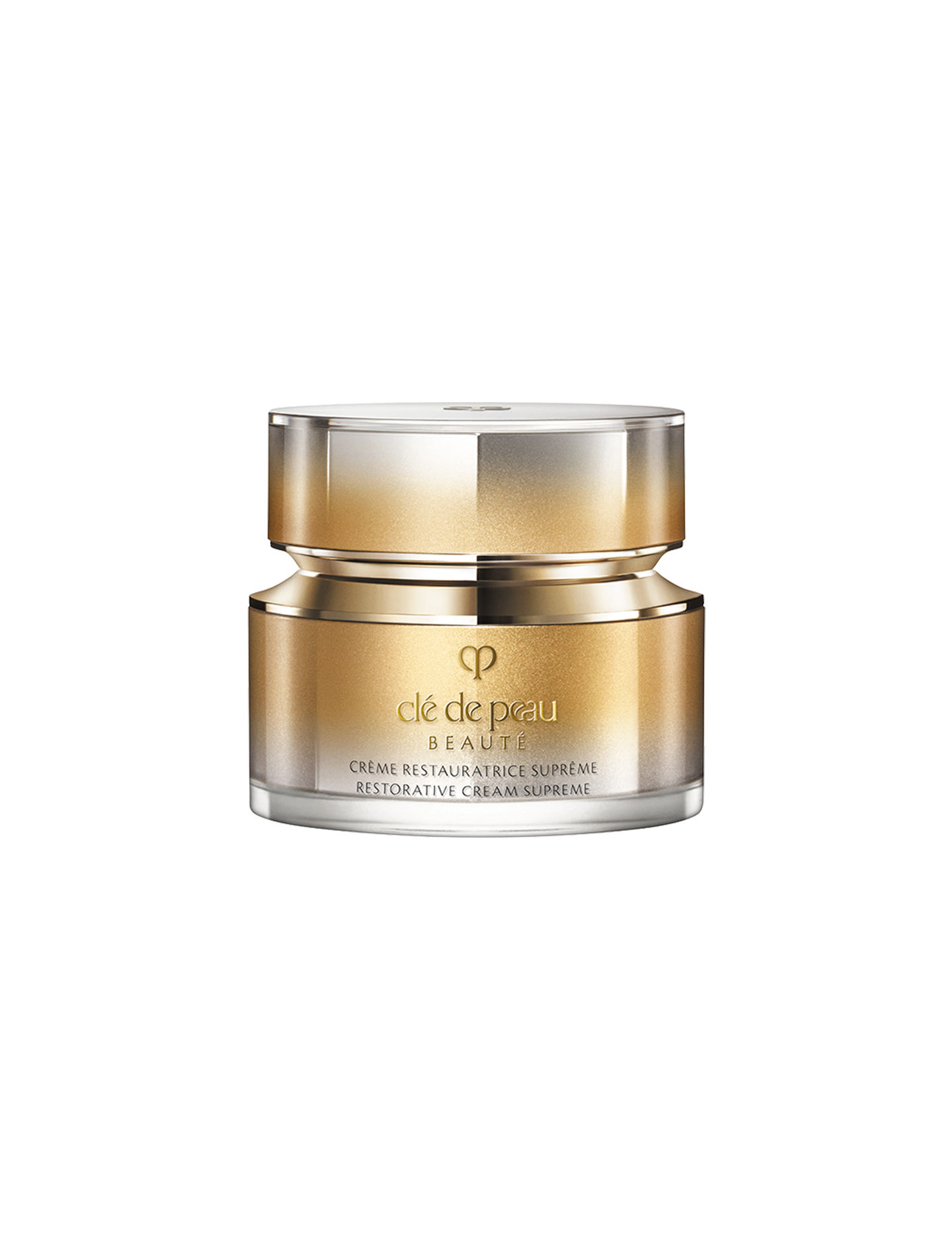 Photo of of a jar of RESTORATIVE CREAM SUPREME featuring a
            metallic gold-to-silver gradient body and a multifaceted metallic gold cap. SIZE: 50mL