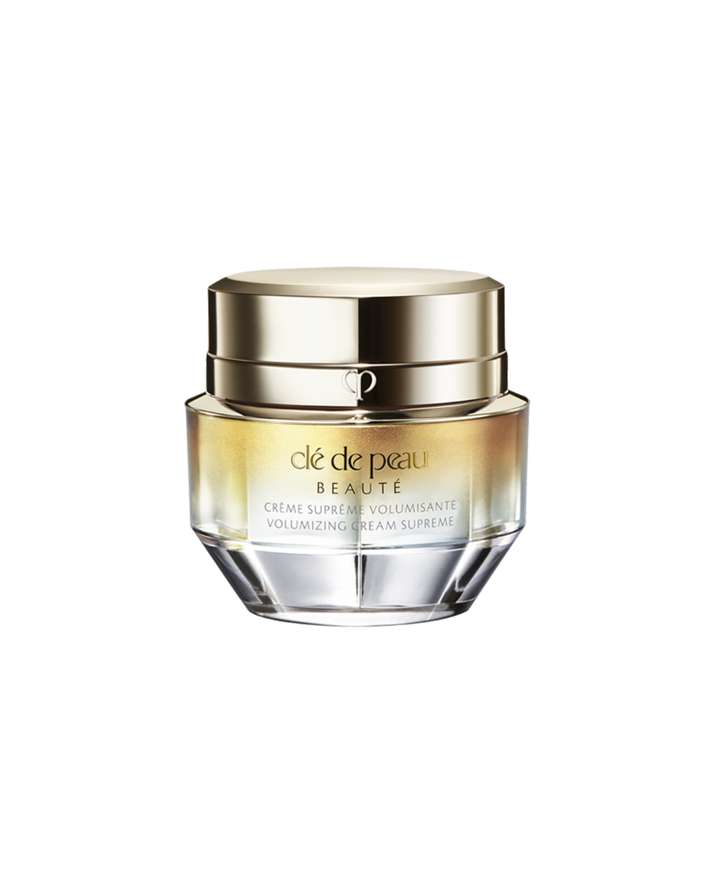 A photo of a jar of "VOLUMIZING CREAM SUPREME", featuring a gold and crystal-like design. SIZE: 50g