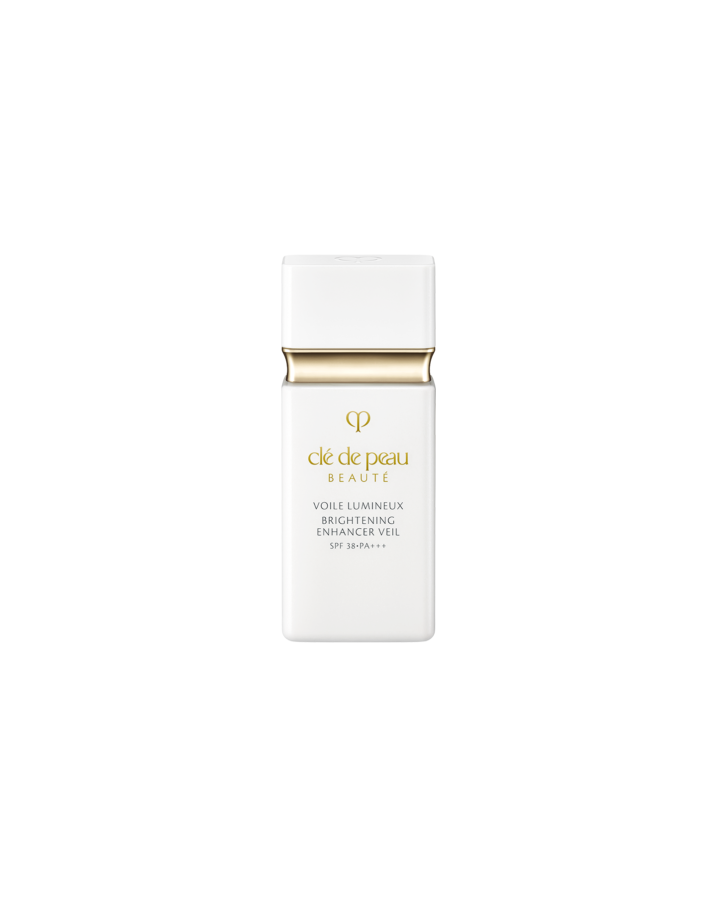 Photo of "BRIGHTENING ENHANCER VEIL" in a sleek, minimalist white bottle featuring a gold accent and brand logo at the center.