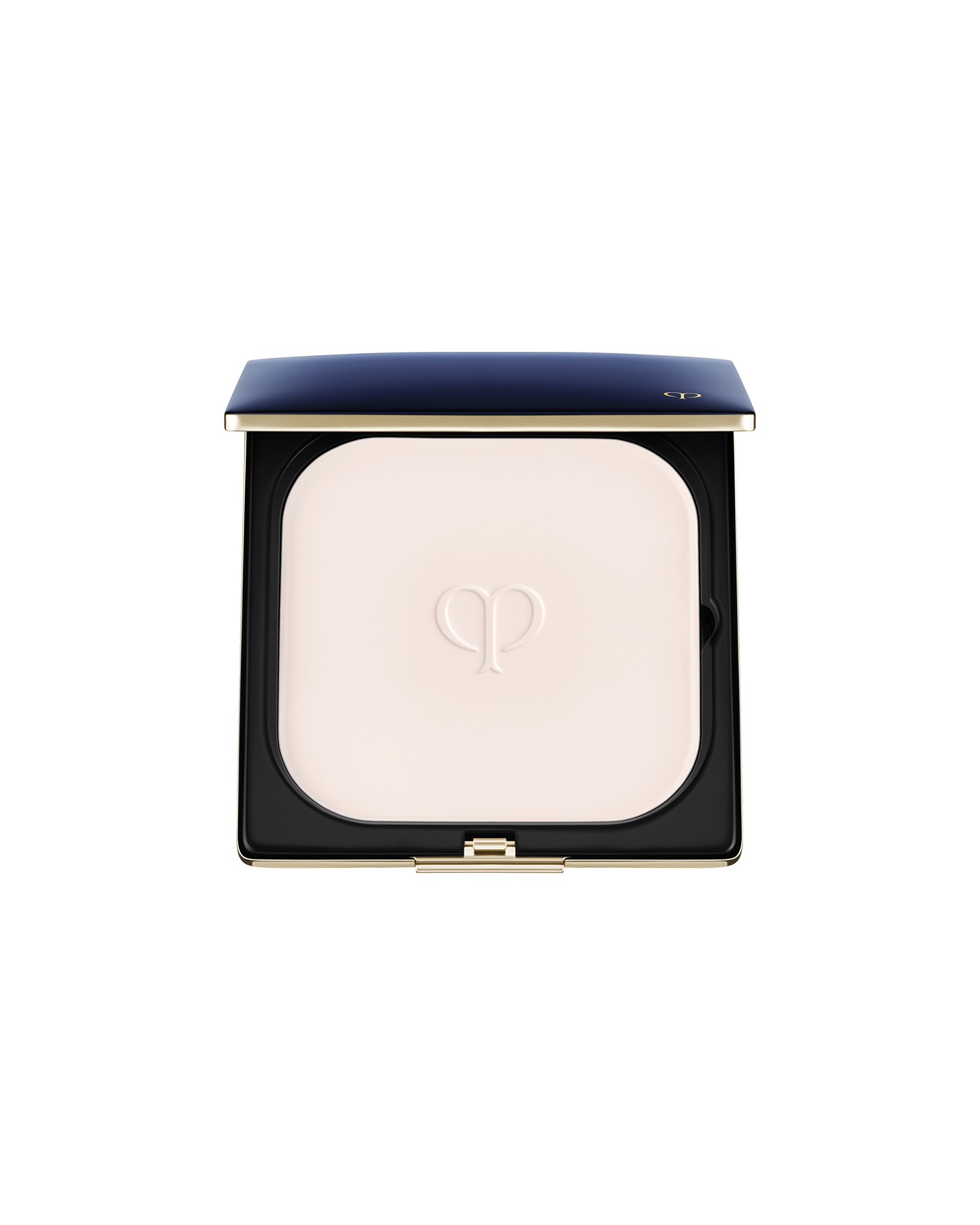 Photo of "REFINING PRESSED POWDER" slim compact, with square case featuring blue-black lid and gold trim, containing pressed powder embossed with brand logo.
