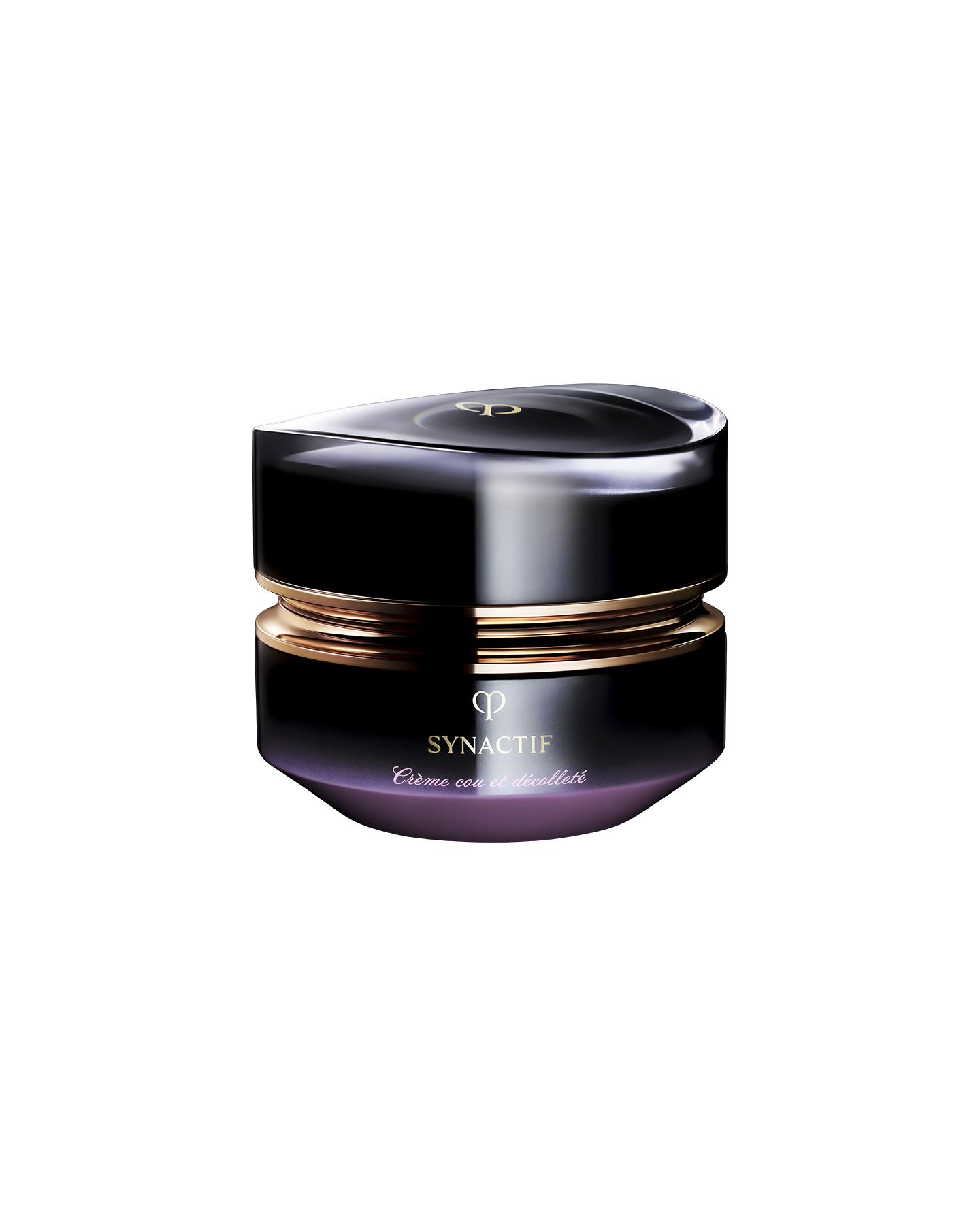 Photo of the Cl&eacute; de Peau Beaut&eacute; Synactif NECK & D&Eacute;COLLET&Eacute; CREAM. The cream is presented in a jar with a black-to-purple gradient. The lid features a sculptural gold design, and the 'SYNACTIF' logo is elegantly displayed on the front. SIZE : 75g