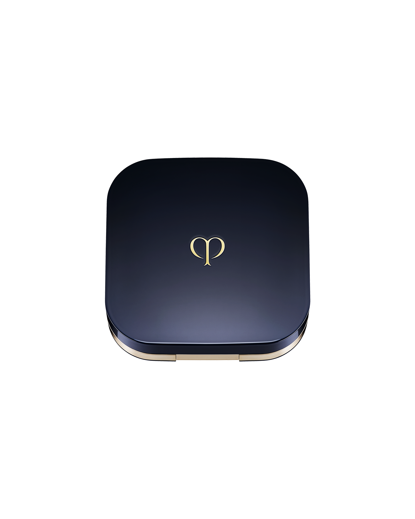 Photo of an exclusive case for "RADIANT CUSHION FOUNDATION DEWY" with the lid closed. It has a rounded square shape, with a blue-black lid featuring the brand logo in the center.