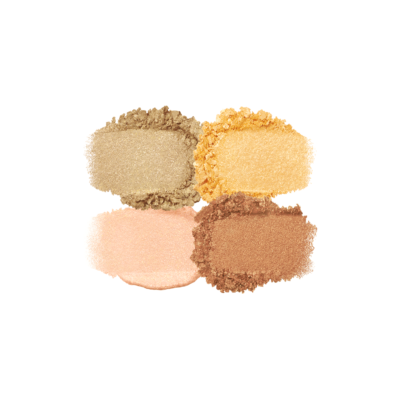 Photo of the 26 AW Holiday Collection limited-edition EYE COLOR QUAD texture. The image displays four distinct textured eyeshadow smears arranged in a quad formation, each showing a shimmering powder texture with crushed flakes at the edges.