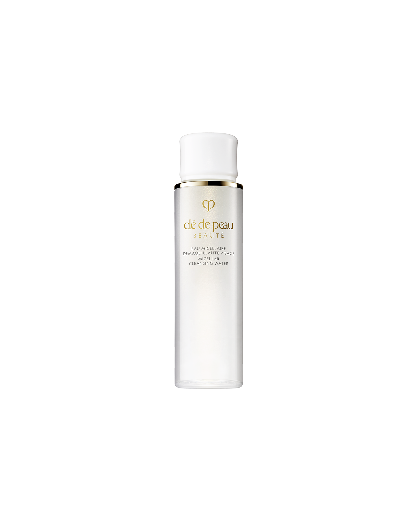 Photo of a translucent white cap bottle of "MICELLAR CLEANSING WATER" with elegant gold accents. SIZE: 75ML