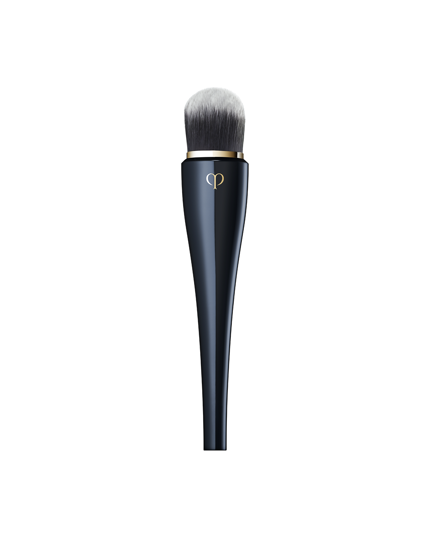 Photo of &ldquo;LIGHT COVERAGE FOUNDATION BRUSH&rdquo; featuring a sleek, blue-black handle with a gold brand logo, and soft, rounded bristles at the top designed for applying foundation.