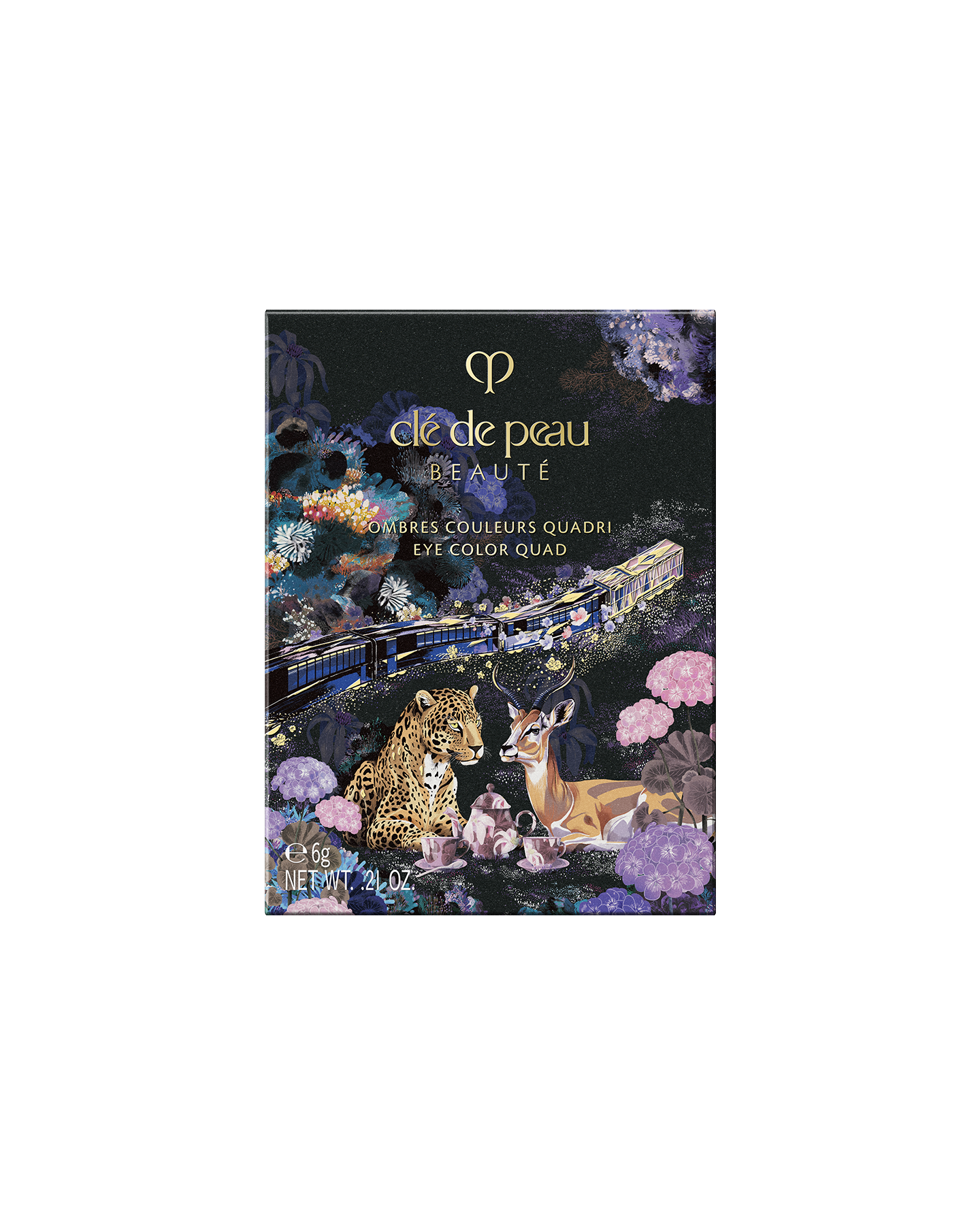 Photo of the outer box of the limited-edition EYE COLOR QUAD decorated with a train, animals, and colorful floral motifs, with a gold train running across the design. Shade: Pastel Tea Safari.