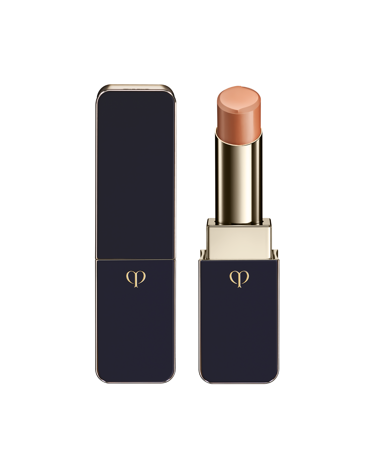 Photo of "LIPSTICK SHINE" with the stick twisted up. The tip is engraved with the brand logo, and the body features a combination of blue-black and gold sides. SHADE: Transcendent.