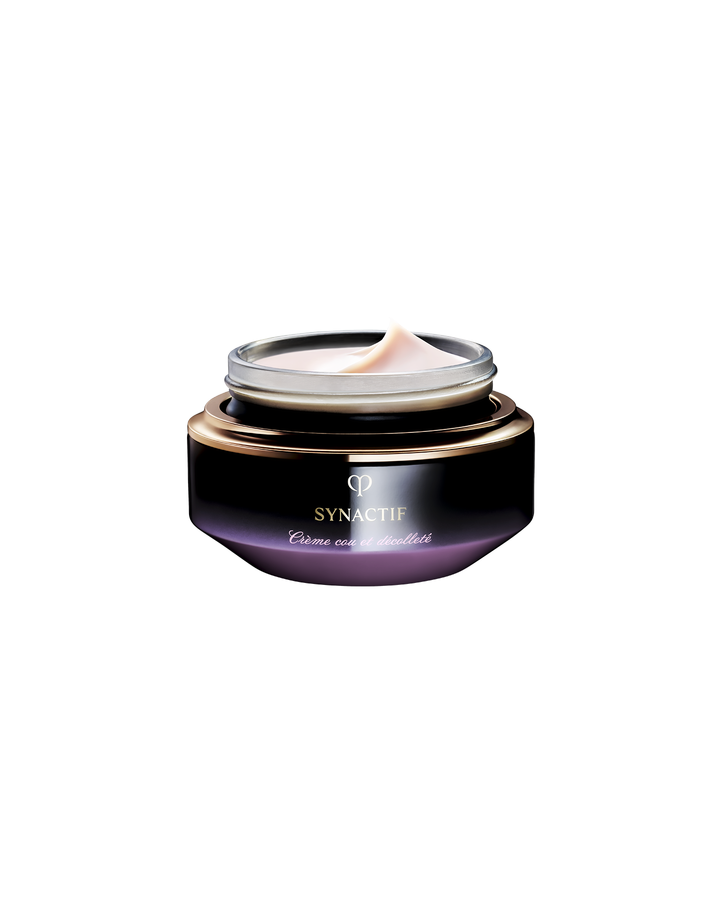 Photo of SYNCACTIF NECK & D&Eacute;COLLET&Eacute; CREAM in a jar featuring black and gold with a purple gradient, filled with a soft and smooth cream.