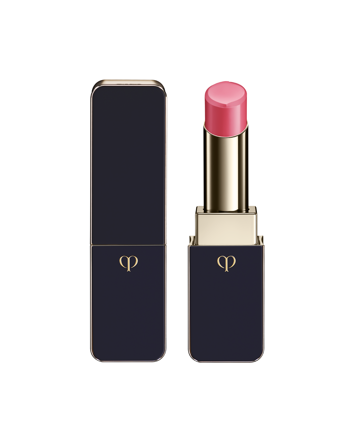Photo of "LIPSTICK SHINE" with the stick twisted up. The tip is engraved with the brand logo, and the body features a combination of blue-black and gold sides. SHADE: Playful Pink.