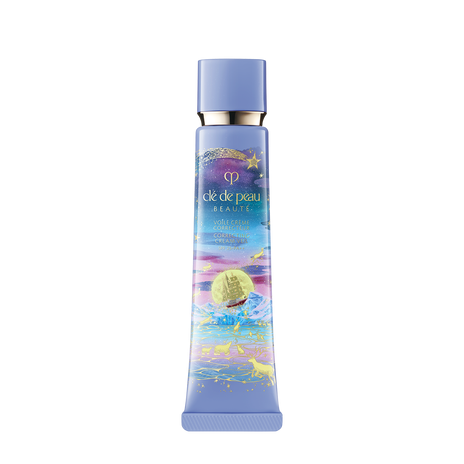 Photo of the 26 AW Holiday Collection limited-edition CORRECTING CREAM VEIL. The pastel purple tube features a scenic illustration of a hot air balloon, moon, and animals, decorated with gold star outlines and a matching cap.
