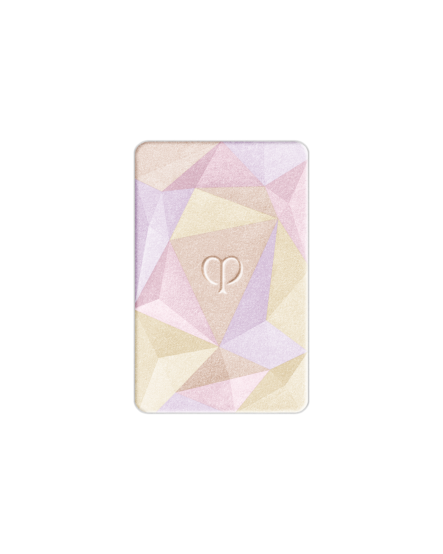 Photo of the limited-edition THE LUMINIZING FACE ENHANCER Radiant Peafowl refill with geometric patterns in blue, lavender, and light gold. The brand logo is engraved in the center.